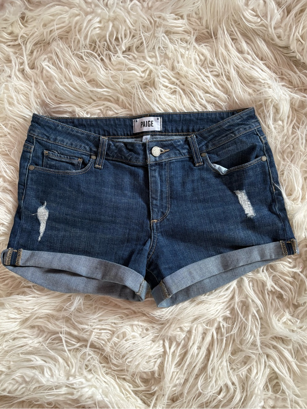 PAIGE Jimmy Jimmy Distressed Cuffed Denim Boyfriend Shorts Blue Size 28